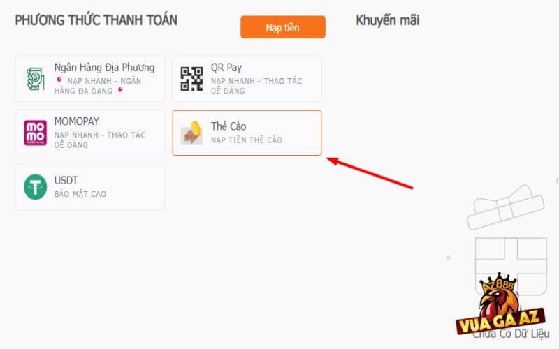 Chọn phương thức nạp tiền bằng thẻ cào